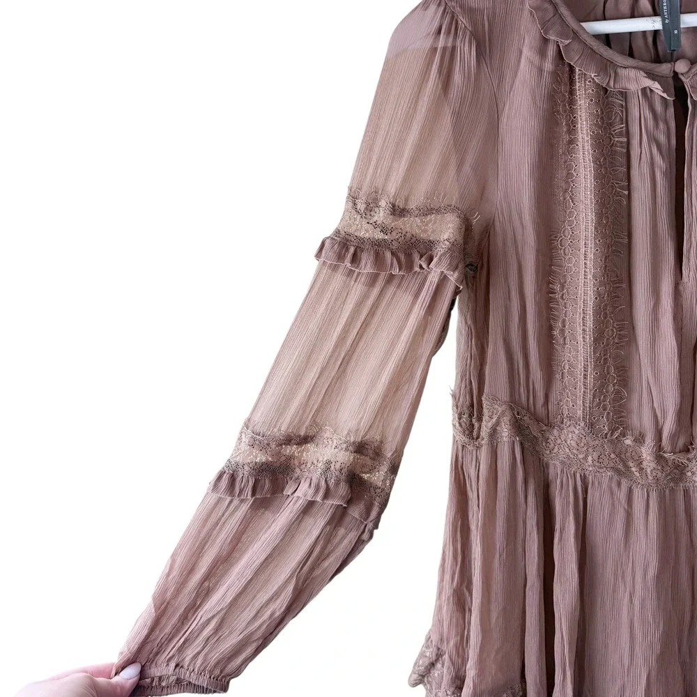 By Anthropologie Lace Pleated Mini Dress Long Sleeve Tiered Brown‎ Dress Sz XS